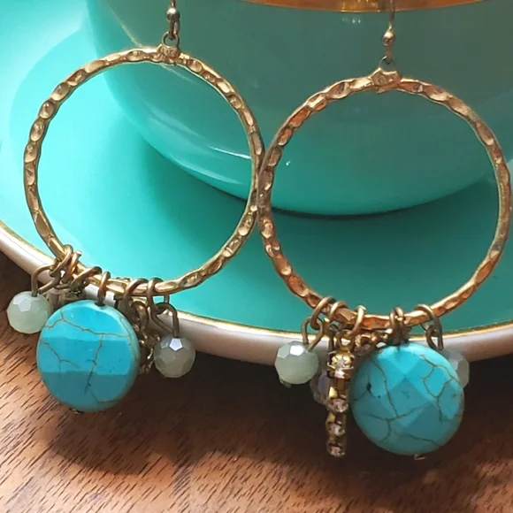 NWOT Turquoise and Gold Dangle Hoops - Picture 1 of 3